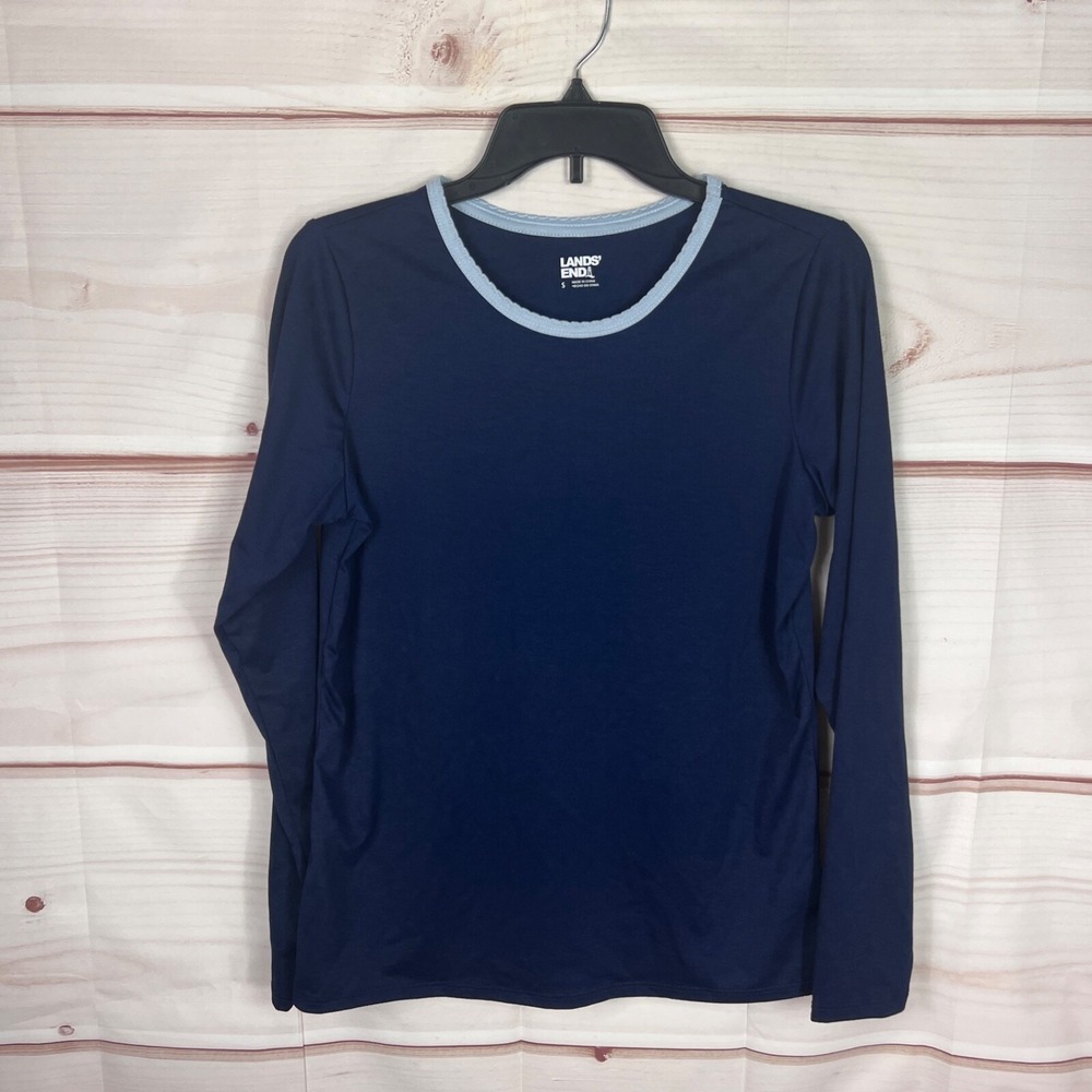 Lands End Top Womens S Blue Long Sleeve T-Shirt Round Neck Solid Knit Pullover